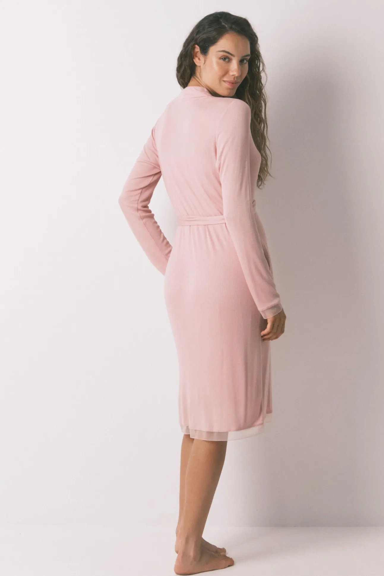 Bata larga "maternity" técnica rib rosa