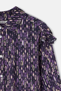 Camisa volantes hombro estampado ikat