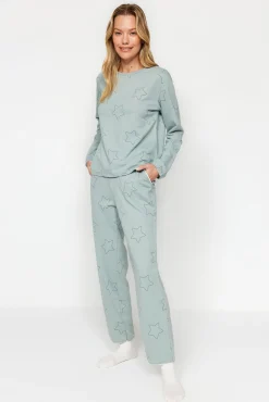 Conjunto pijama con estrellas menta100% algodón