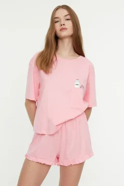 Conjunto pijama corto volantes rosa