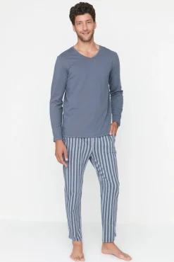 Conjunto pijama largo azul rayas100% algodón