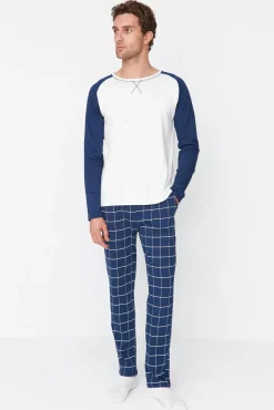 Conjunto pijama largo azul cuadros 100% algodón