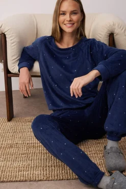 Conjunto pijama polar azul lunares