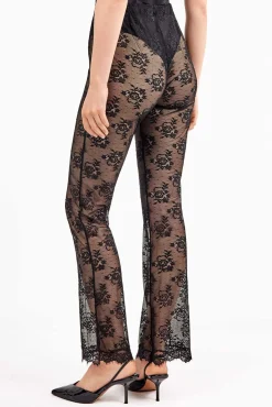 Pantalón largo elástico de encaje floral transparente y delicado