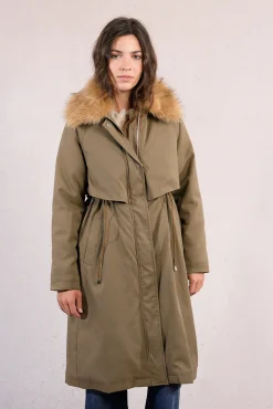 Parka larga con cuello en tejido de pelo