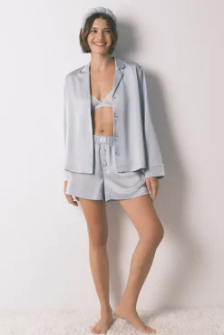 Pijama camisero corto satén azul