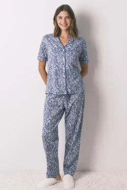 Pijama camisero largo 100% algodón azul print flores