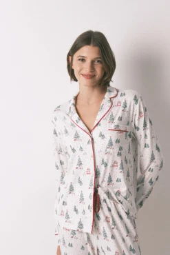 Pijama camisero largo estampado navidad blanco