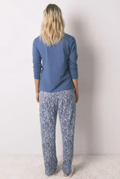 Pijama largo 100% algodón azul print flores