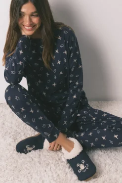 Pijama largo 100% algodón azul estampado ranitas