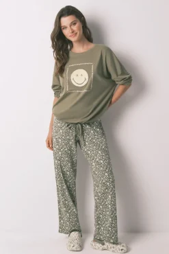 Pijama largo 100% algodón Smiley kaki
