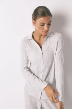 Pijama largo algodón canalé gris