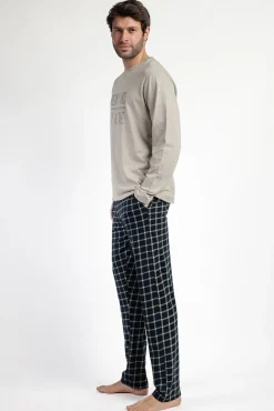 Pijama largo azul y beige cuadrospara hombre