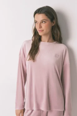Pijama largo canalé terciopelo rosa