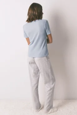 Pijama largo cuadros efecto brillo azul