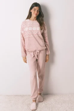 Pijama largo polar rosa cenefa