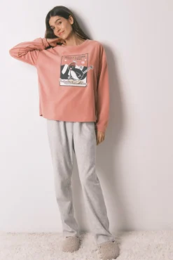Pijama largo polar suave rosa y gris Pingu