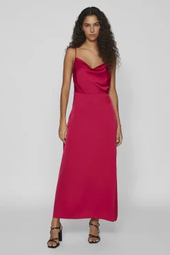 Vestido largo satinado escote drapeado