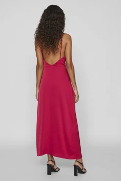 Vestido largo satinado escote drapeado