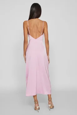 Vestido largo satinado escote drapeado