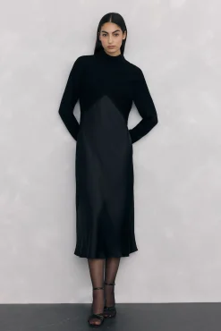 Vestido satén combinado con top de punto lurex