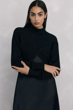 Vestido satén combinado con top de punto lurex