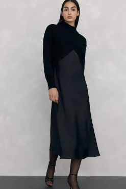 Vestido satén combinado con top de punto lurex